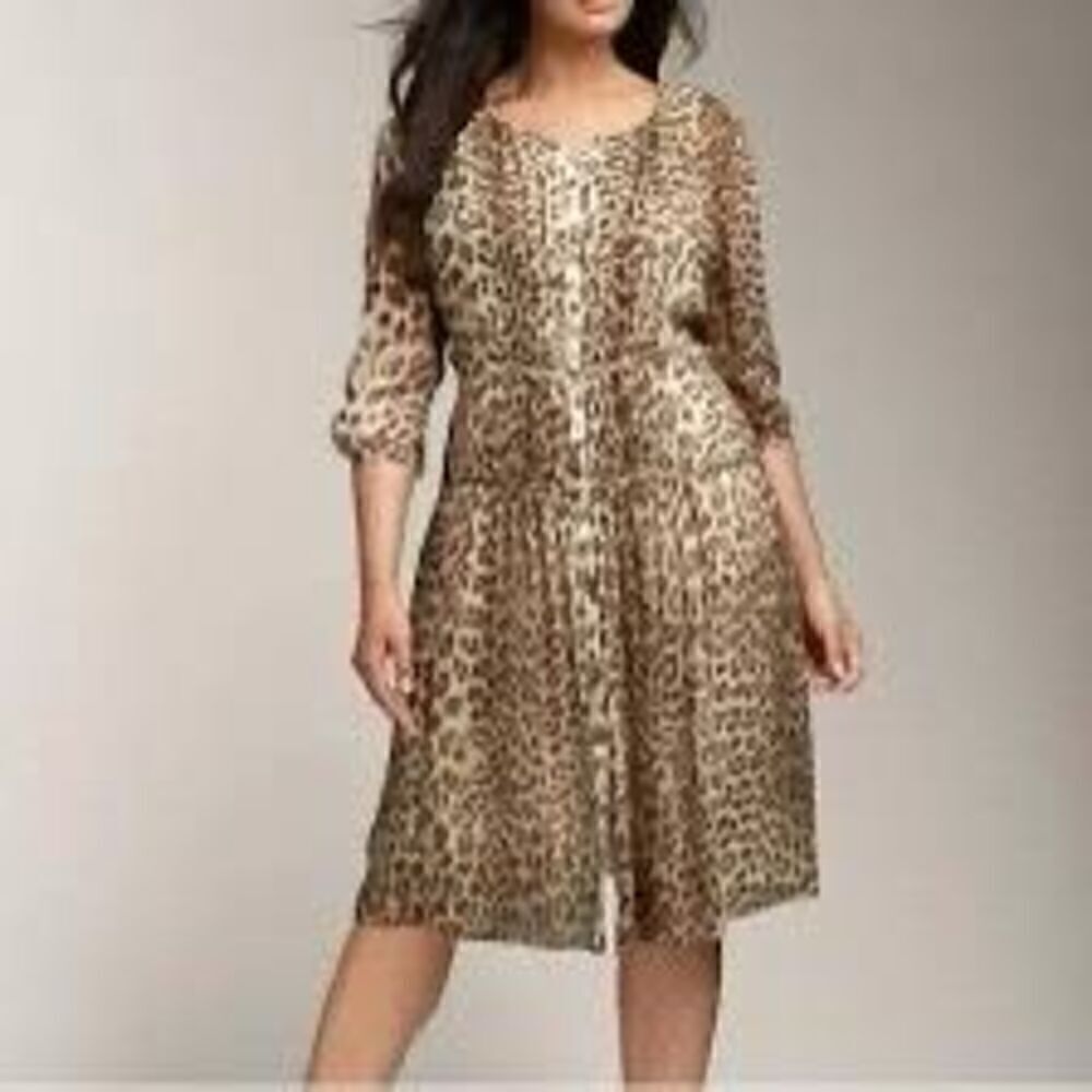 Talbots 14 Elbow Sleeve Chiffon Silk Shift Dress Tan Cheetah Leopard Knee Length